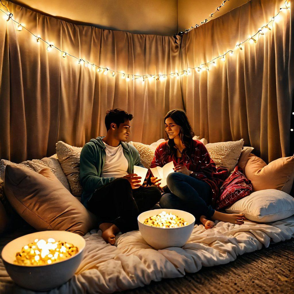 An intimate setting with a cozy blanket fort, adorned with soft fairy lights, a projector displaying romantic movie scenes, and bowls of popcorn. Include a couple snuggled together, surrounded by heart-shaped cushions, capturing the essence of a perfect date night. Warm hues and inviting atmosphere enhance the romantic vibe. super-realistic. warm colors. cozy ambiance.