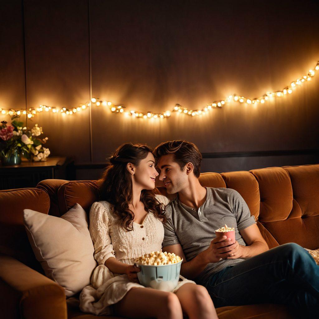A cozy cinema setting with a vintage projector casting romantic film scenes on a big screen, soft dim lighting, a couple cuddling on a plush sofa with popcorn and drinks, surrounded by heart-shaped decorations and twinkling fairy lights. Cinematic ambiance with a hint of nostalgia, evoking a sense of warm love and connection. warm colors, soft focus, romantic atmosphere.